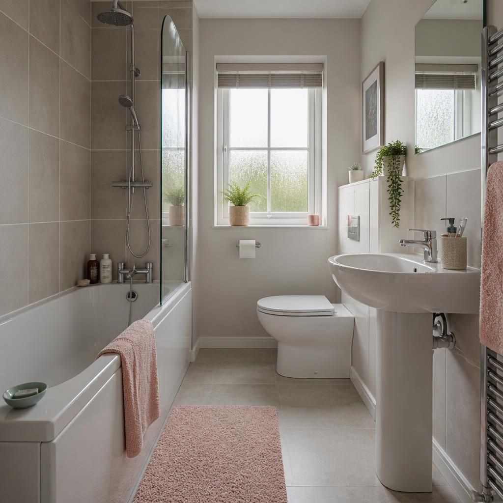 Clean family bathroom with a bath, shower, toilet and sink