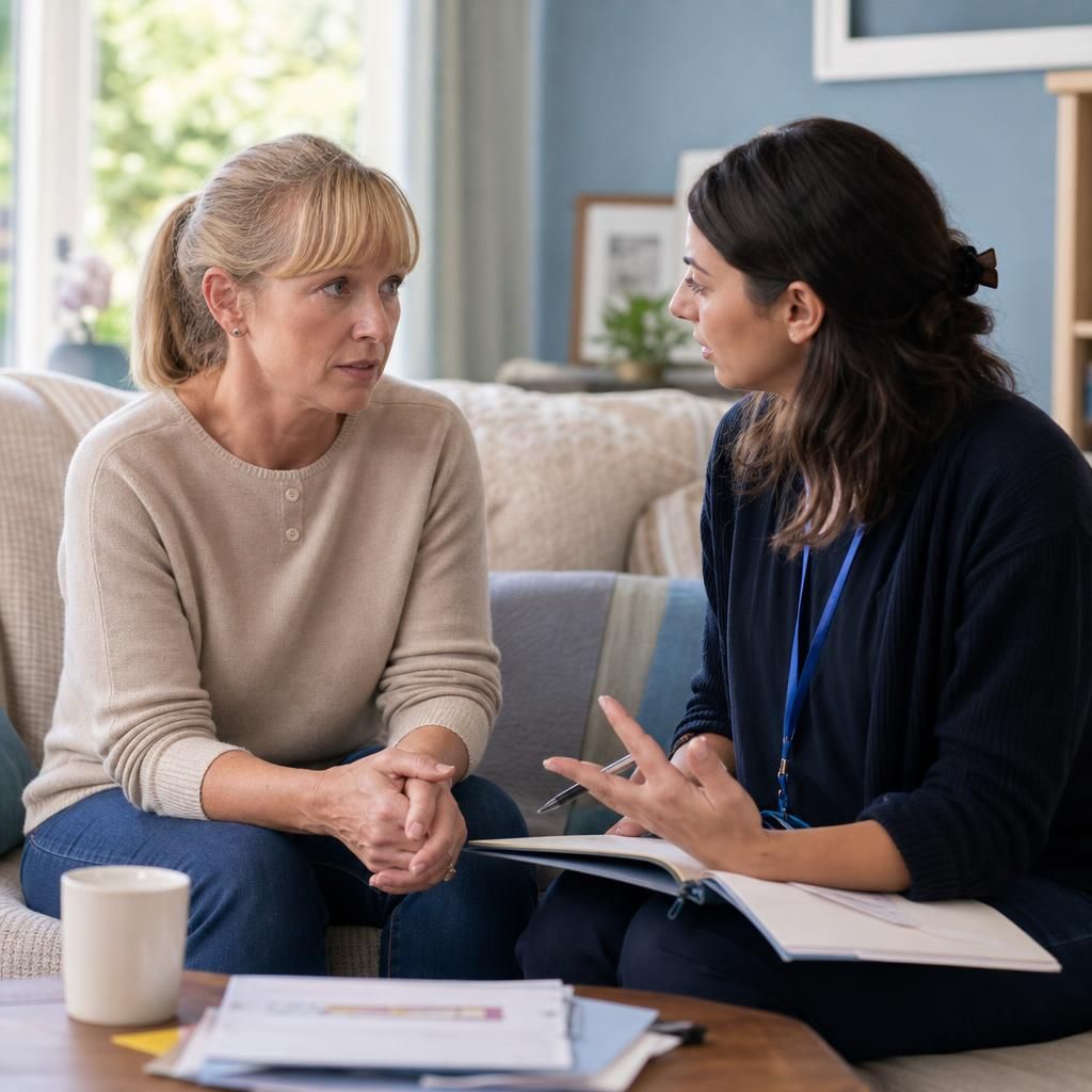 Foster carer and social worker discussing a child’s move from a foster home