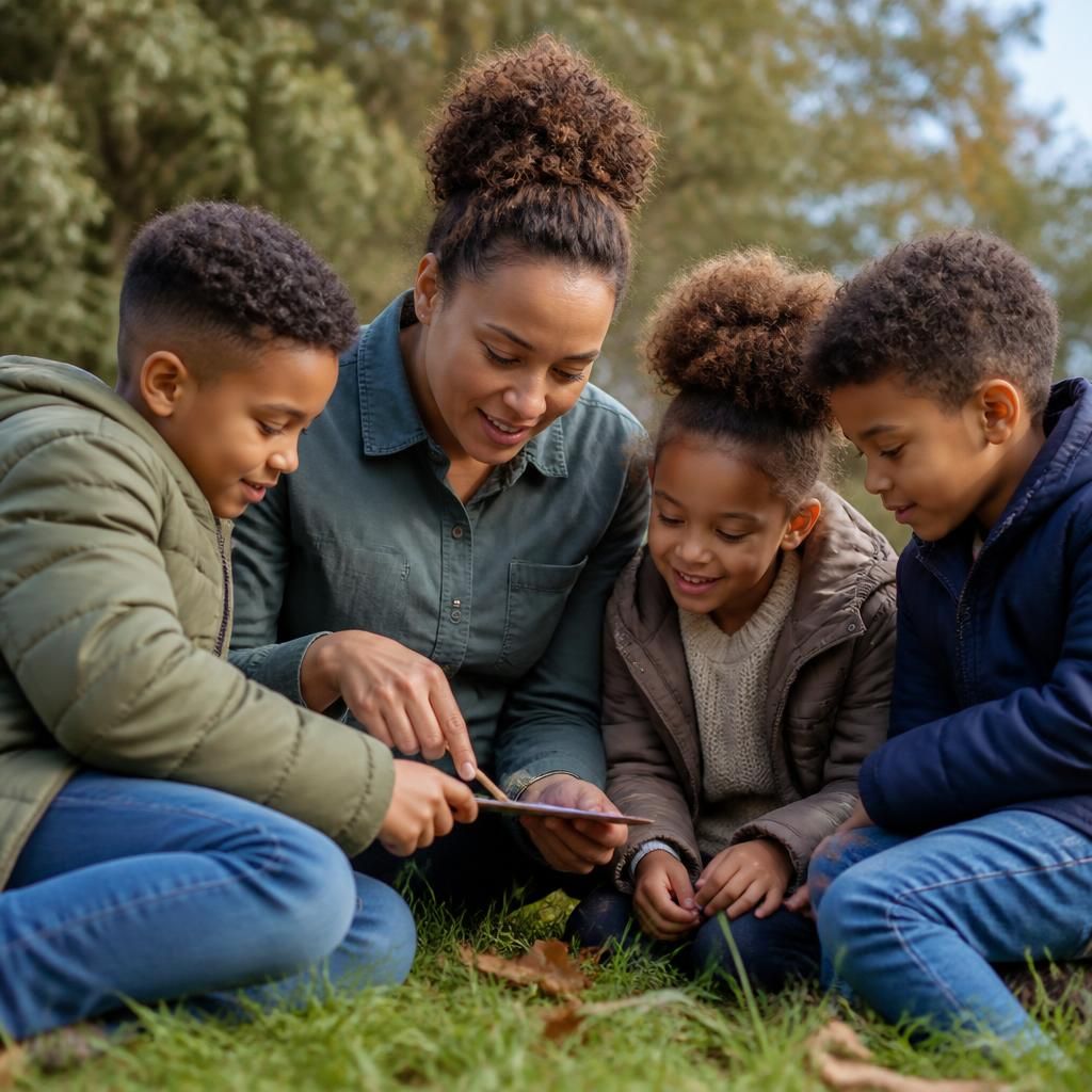 Foster siblings and carer spending time together outdoors