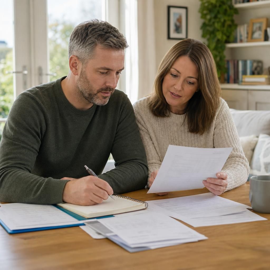 Prospective foster carers reviewing notes and documents at a table