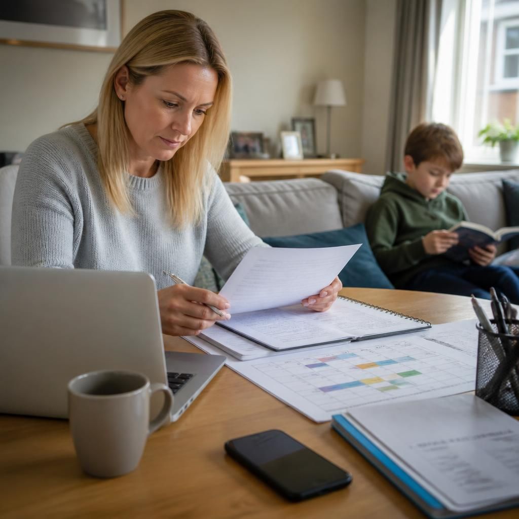 Foster carer reviewing a work schedule at home while a child reads nearby