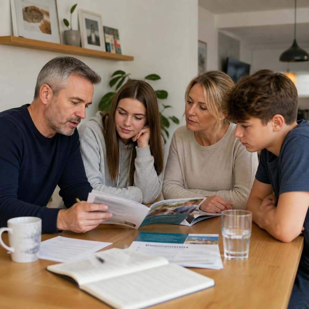 Family members discussing foster care training materials around a table