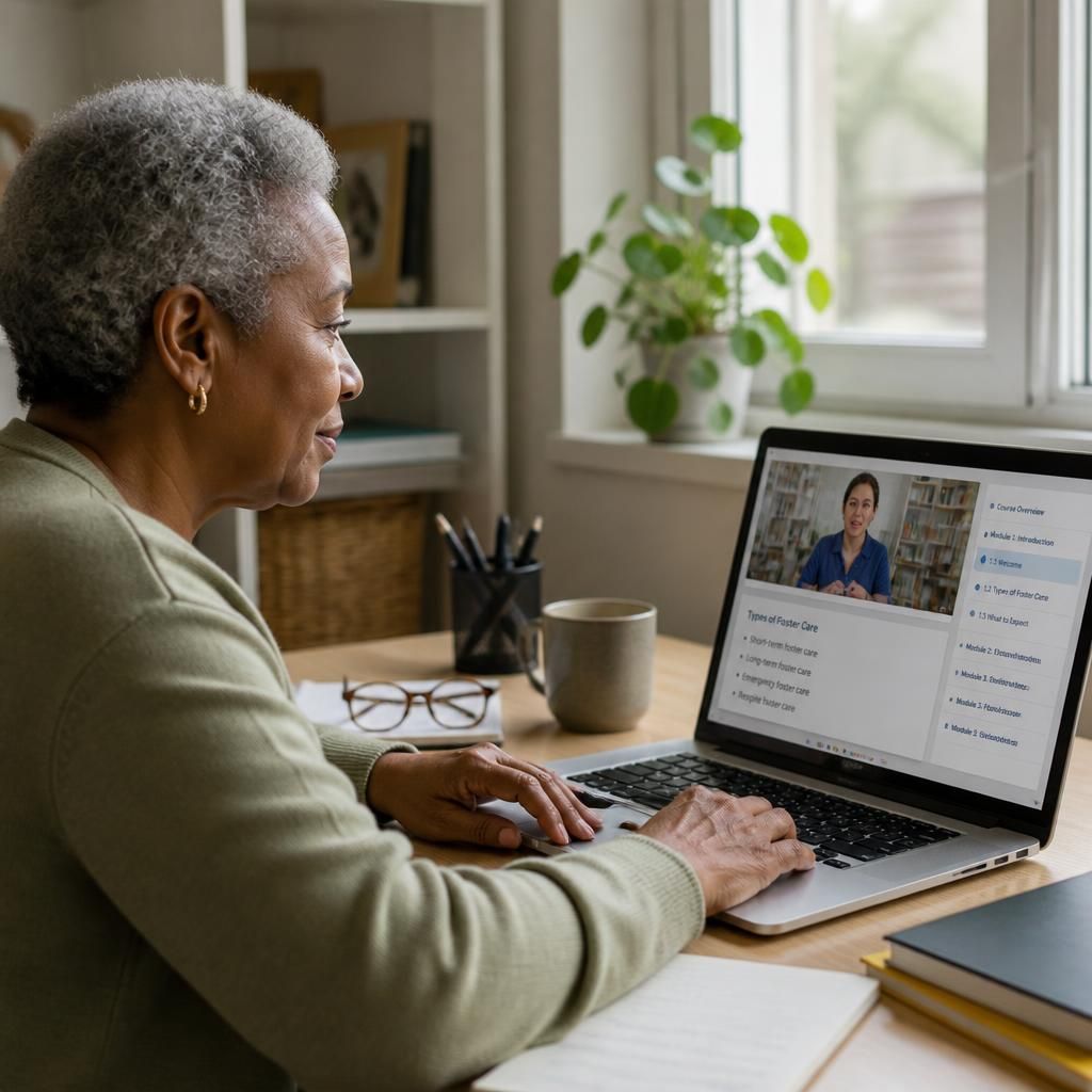 Person using a laptop to access an online foster care training course