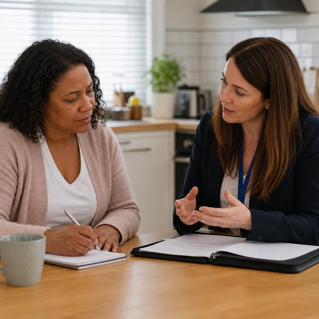 Kinship carer reviewing notes with a social worker at a kitchen table