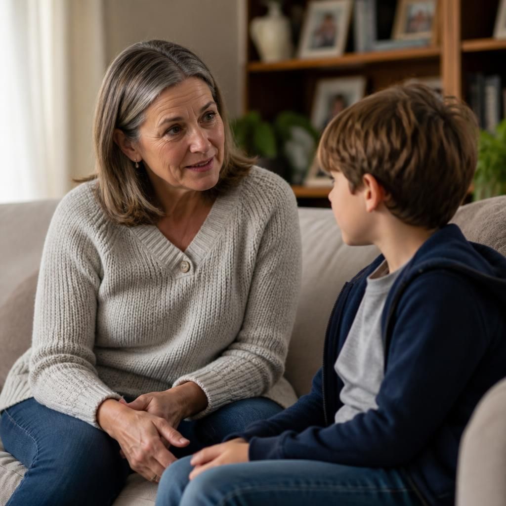 Mature foster carer talking with a child at home