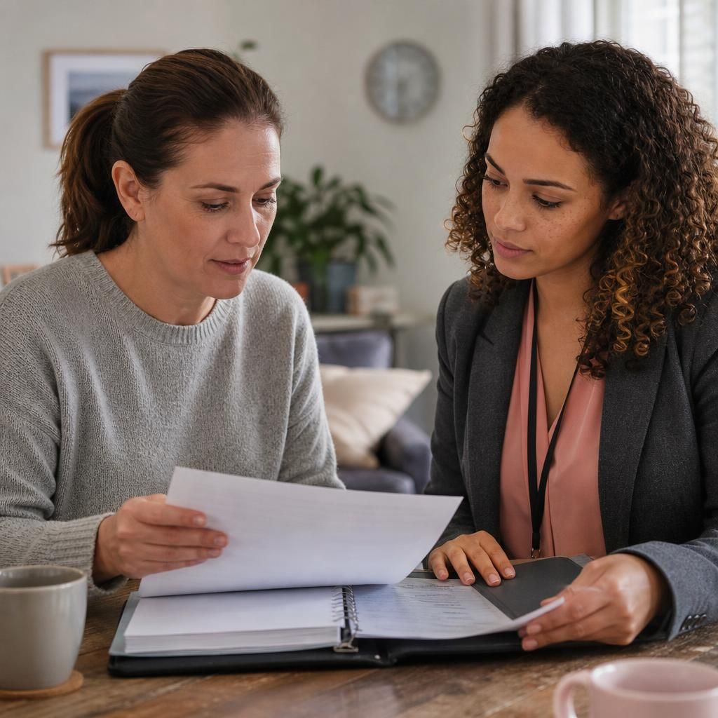 Foster carer reviewing approval documents with a social worker