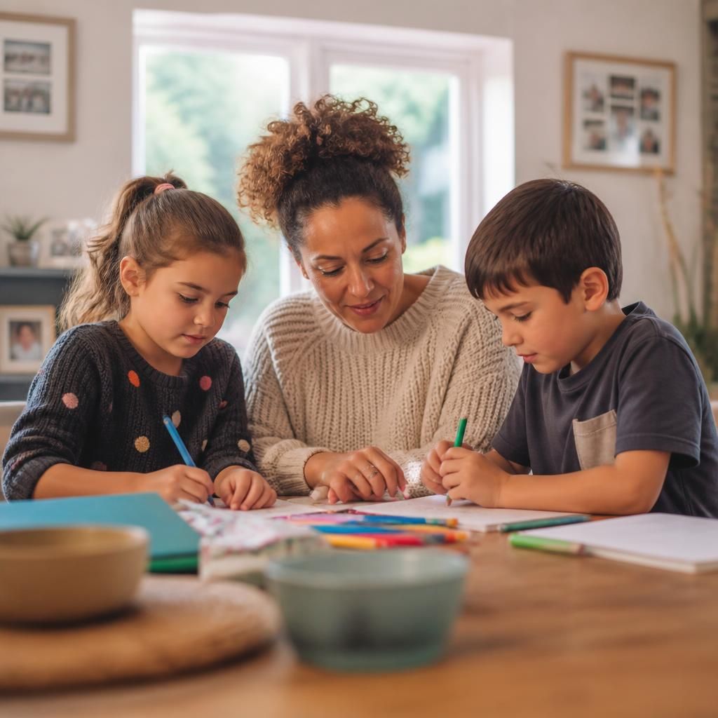 Foster carer helping two children with an activity at home