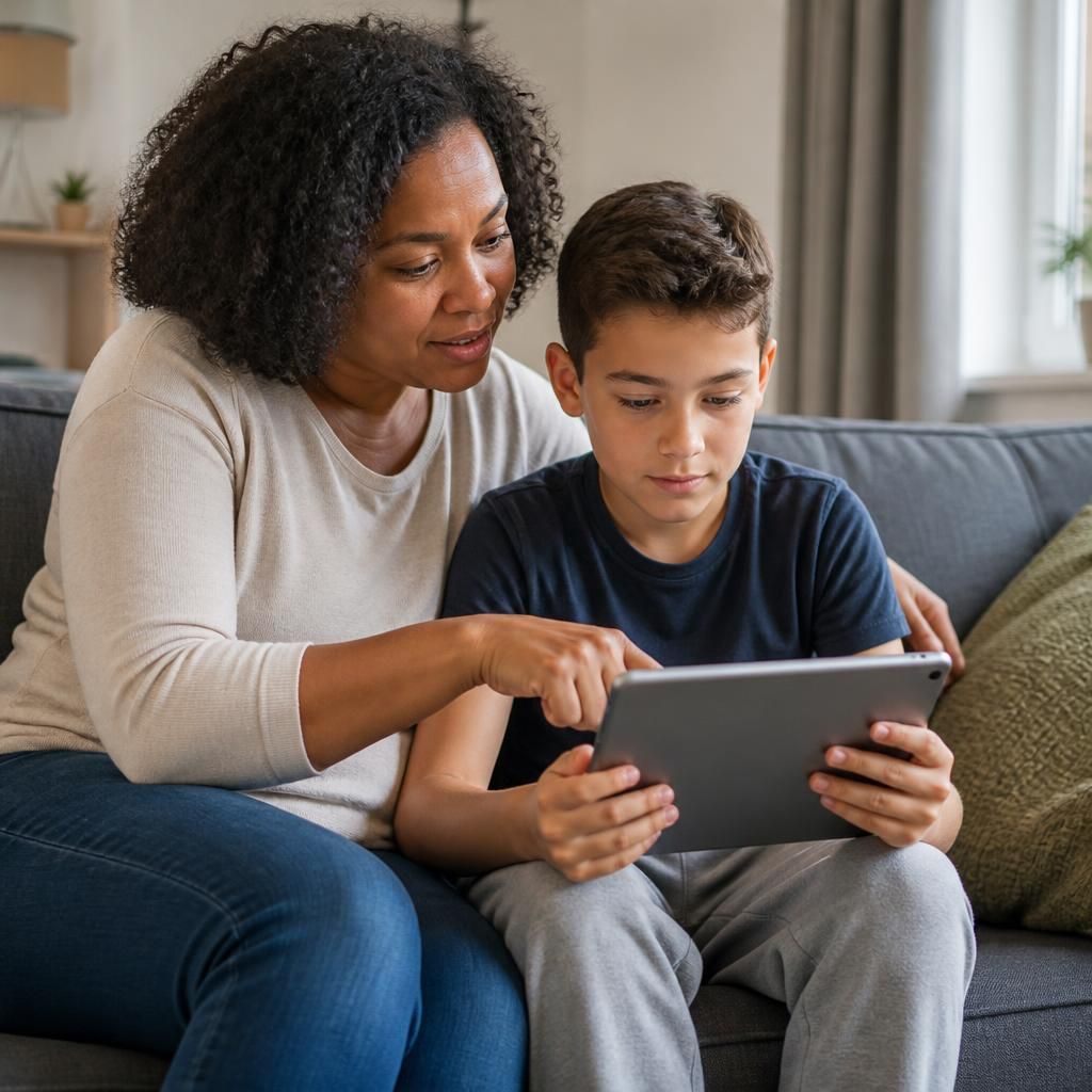 Foster carer and child discussing safe internet use on a tablet
