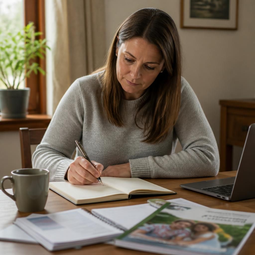 Foster carer writing notes about their reasons for fostering at a table