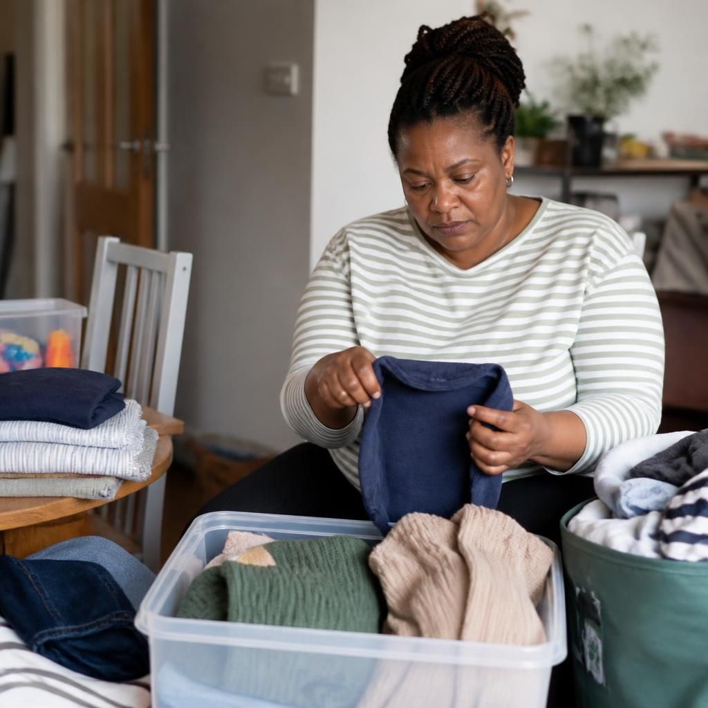 Kinship carer reviewing children’s clothing and household items at home