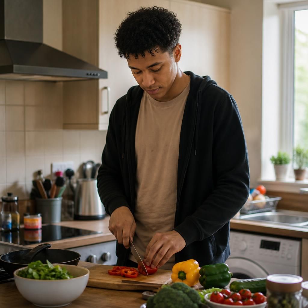 Young adult preparing a meal in a family kitchen