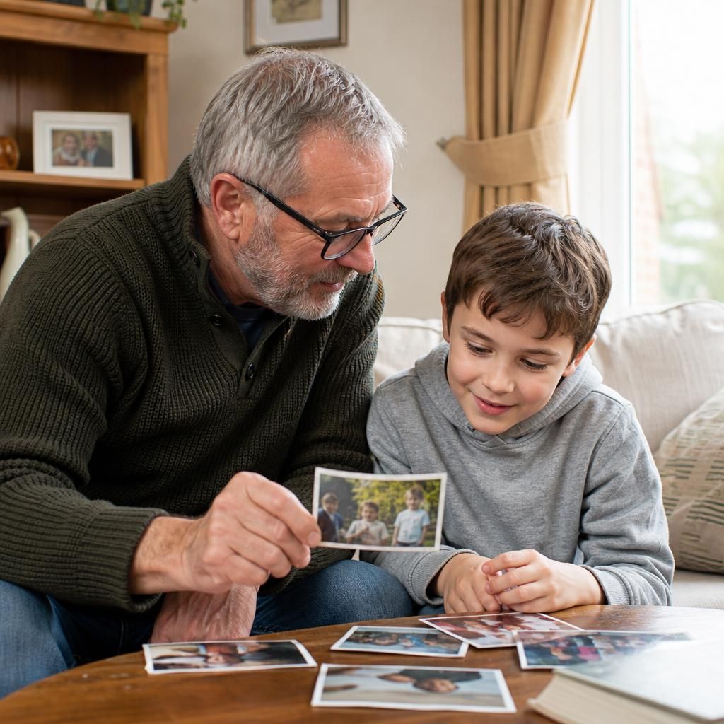 Kinship carer and child looking at photographs from family life