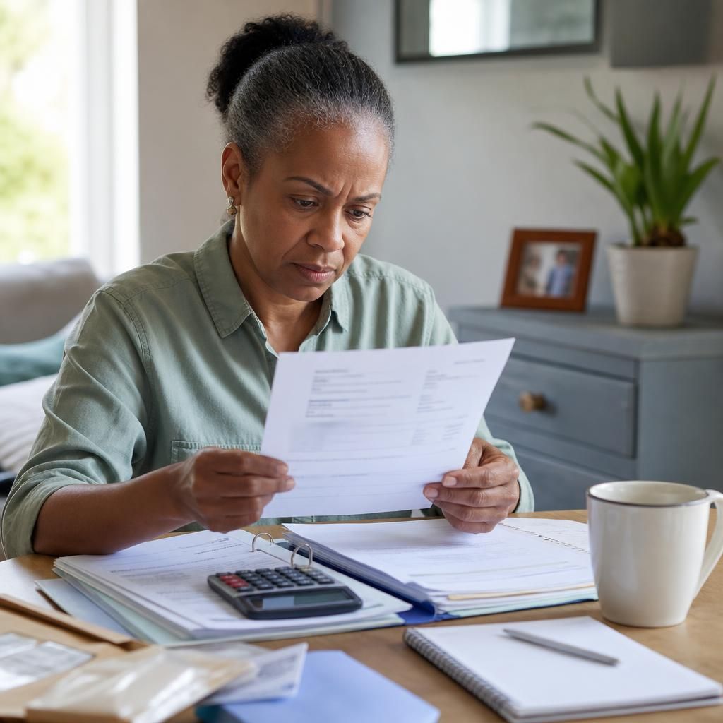 Foster carer reading a council tax bill beside household documents