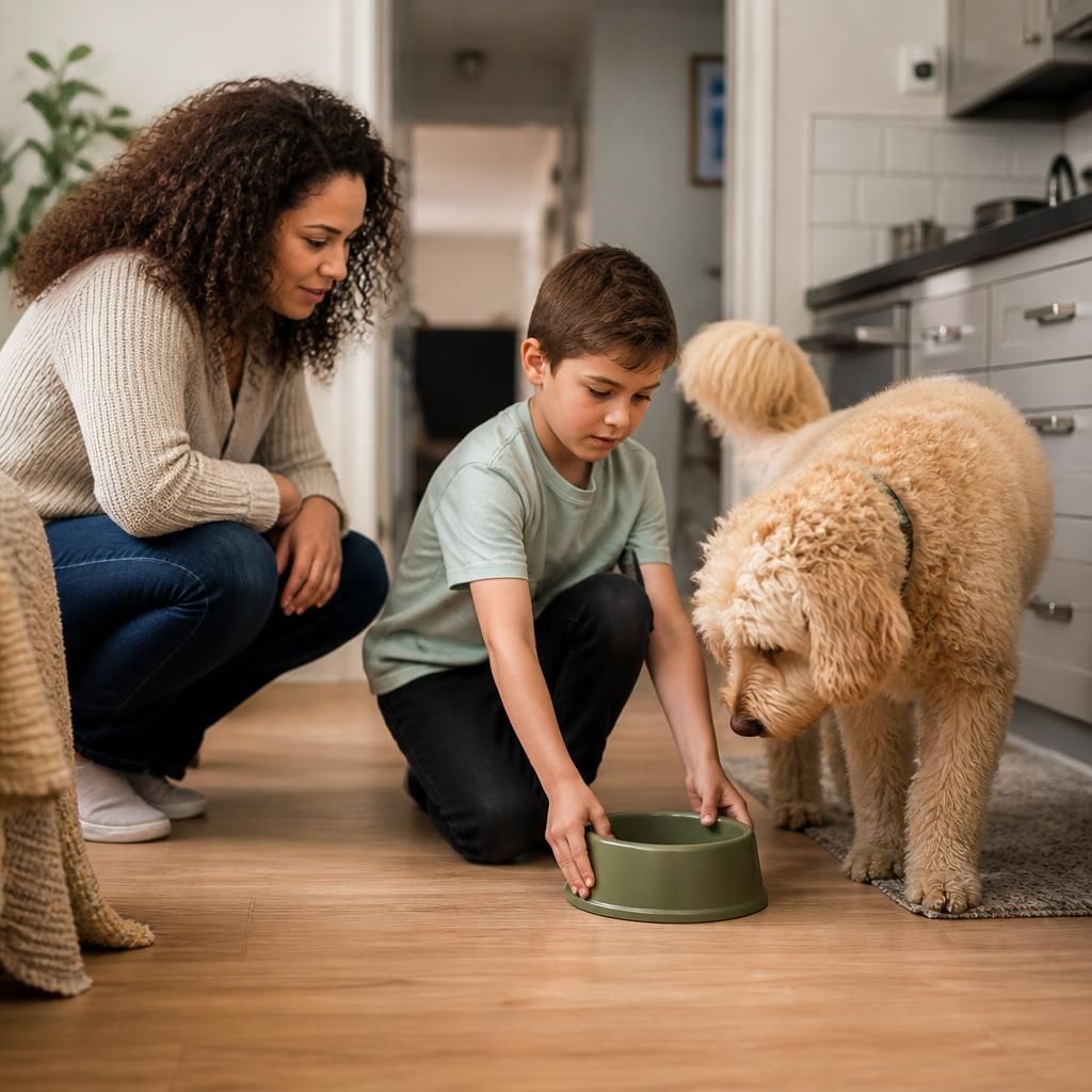 Adult supervising a child as they place a water bowl beside a family dog