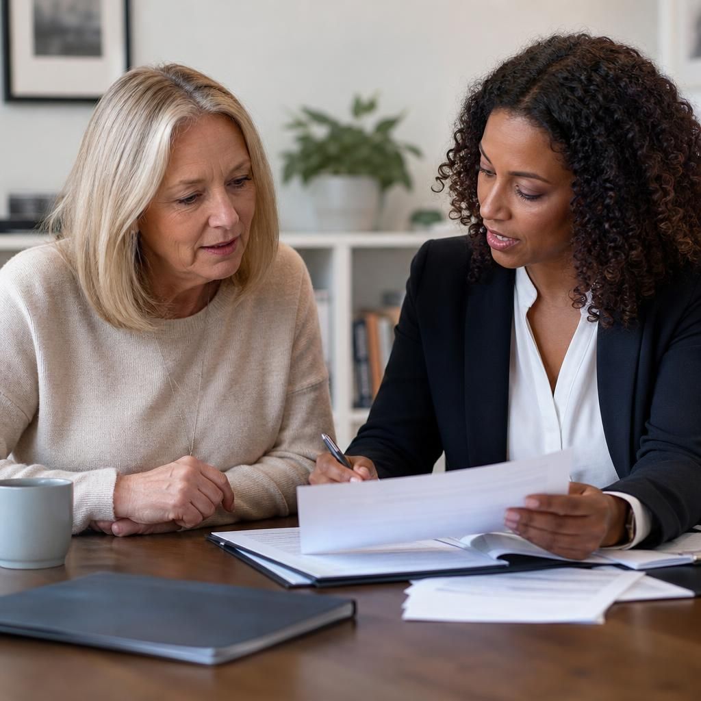 Kinship carer reviewing legal documents with a solicitor