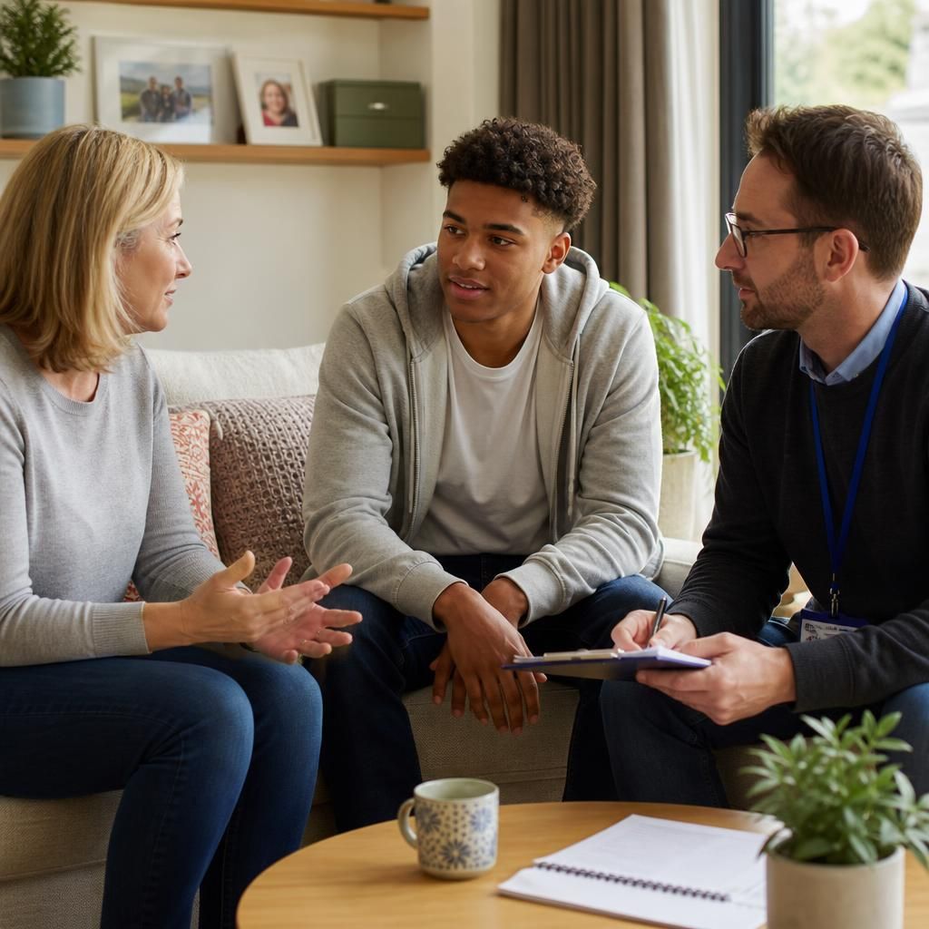 Foster carer discussing a staying put arrangement with a young adult and adviser
