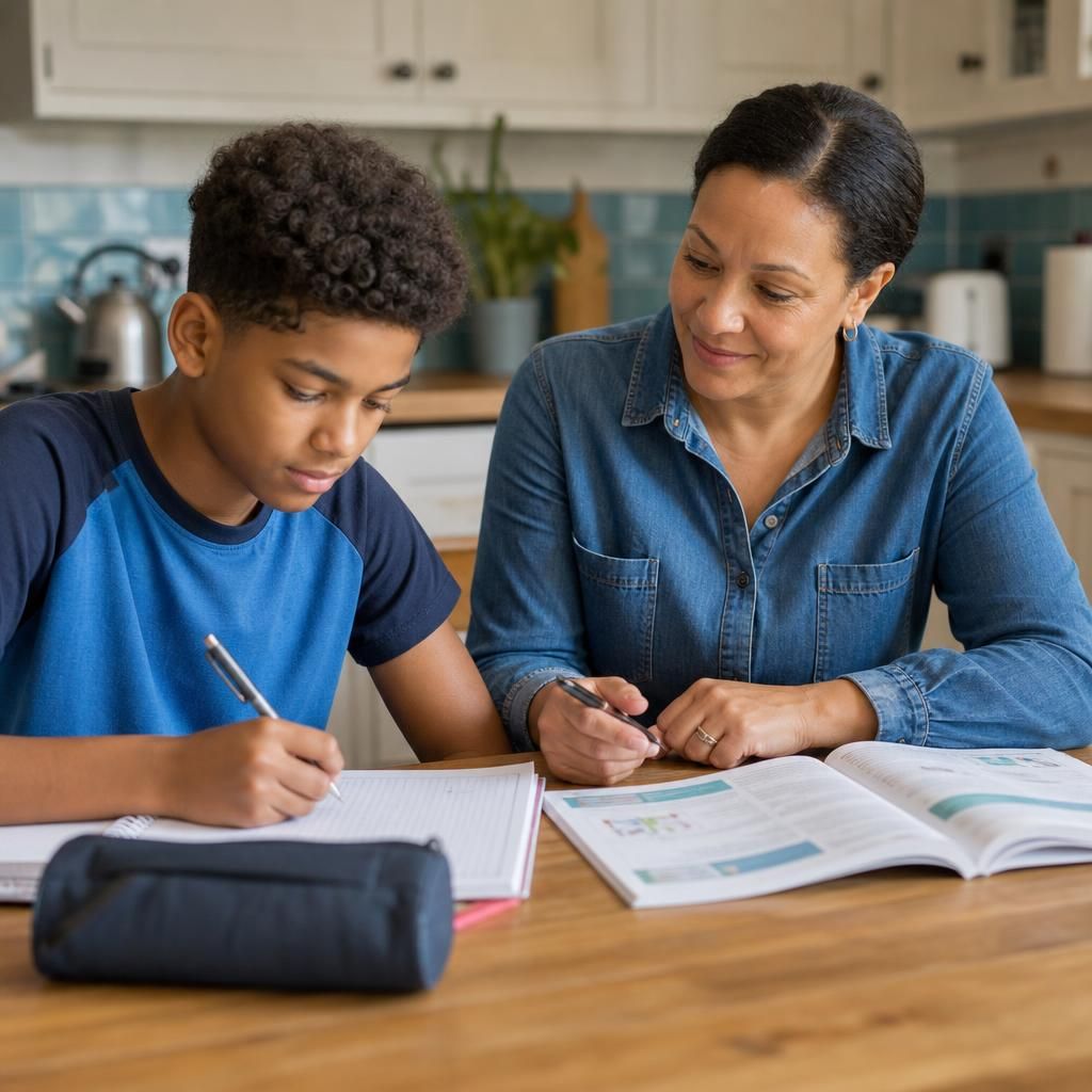 Foster carer and young person completing homework together