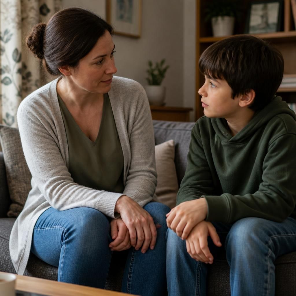 Foster carer and child talking quietly in a living room