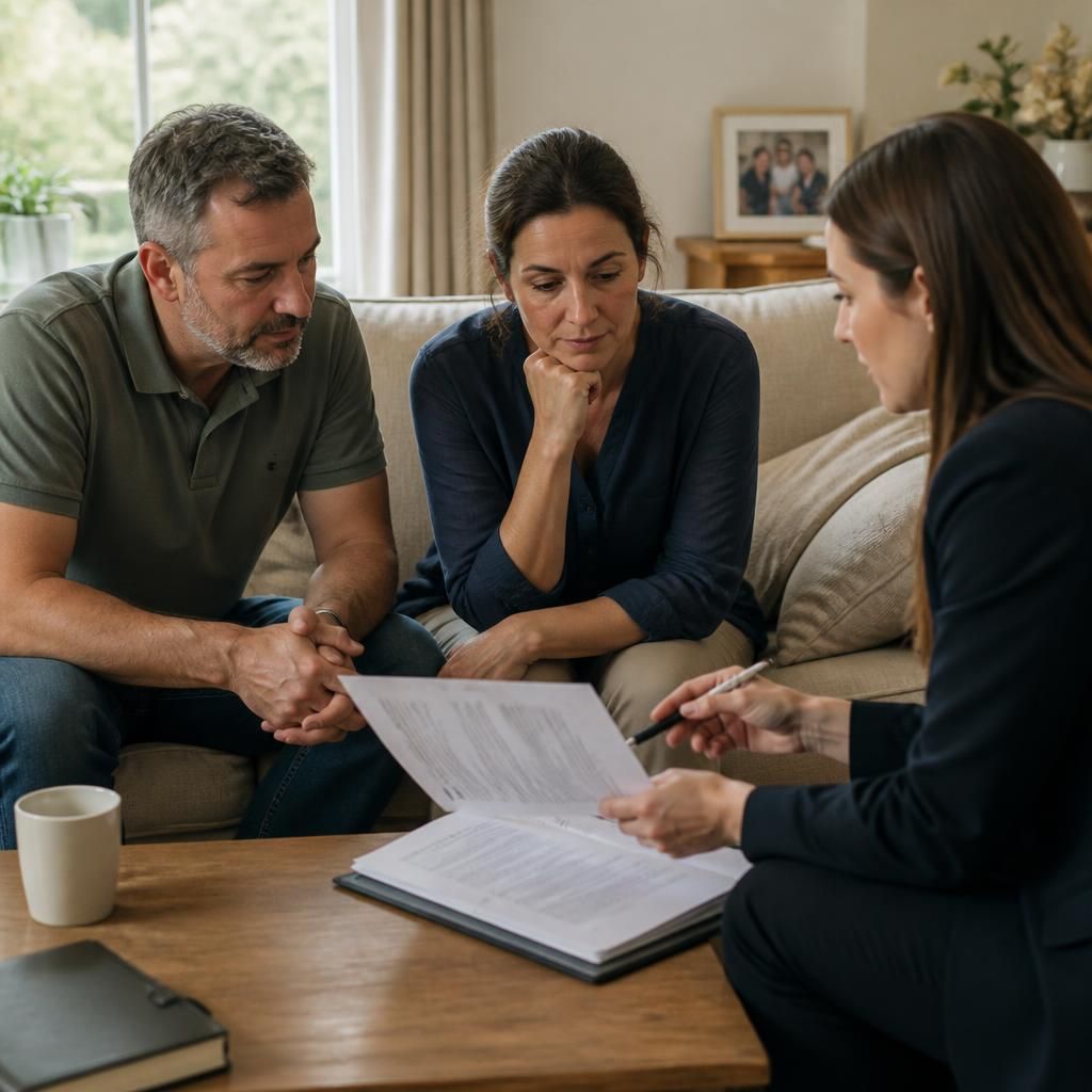 Fostering applicants discussing assessment paperwork with a social worker at home