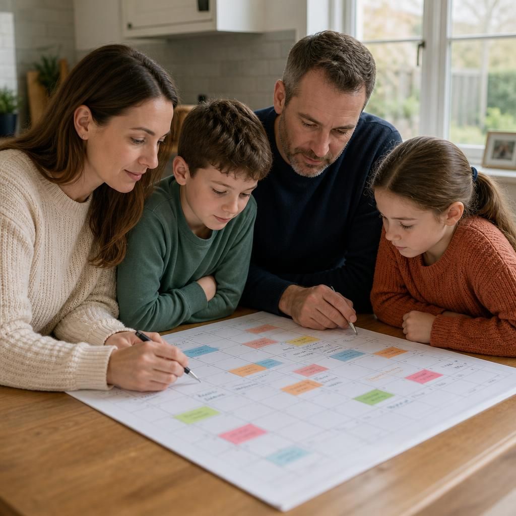 Family organising household routines on a calendar