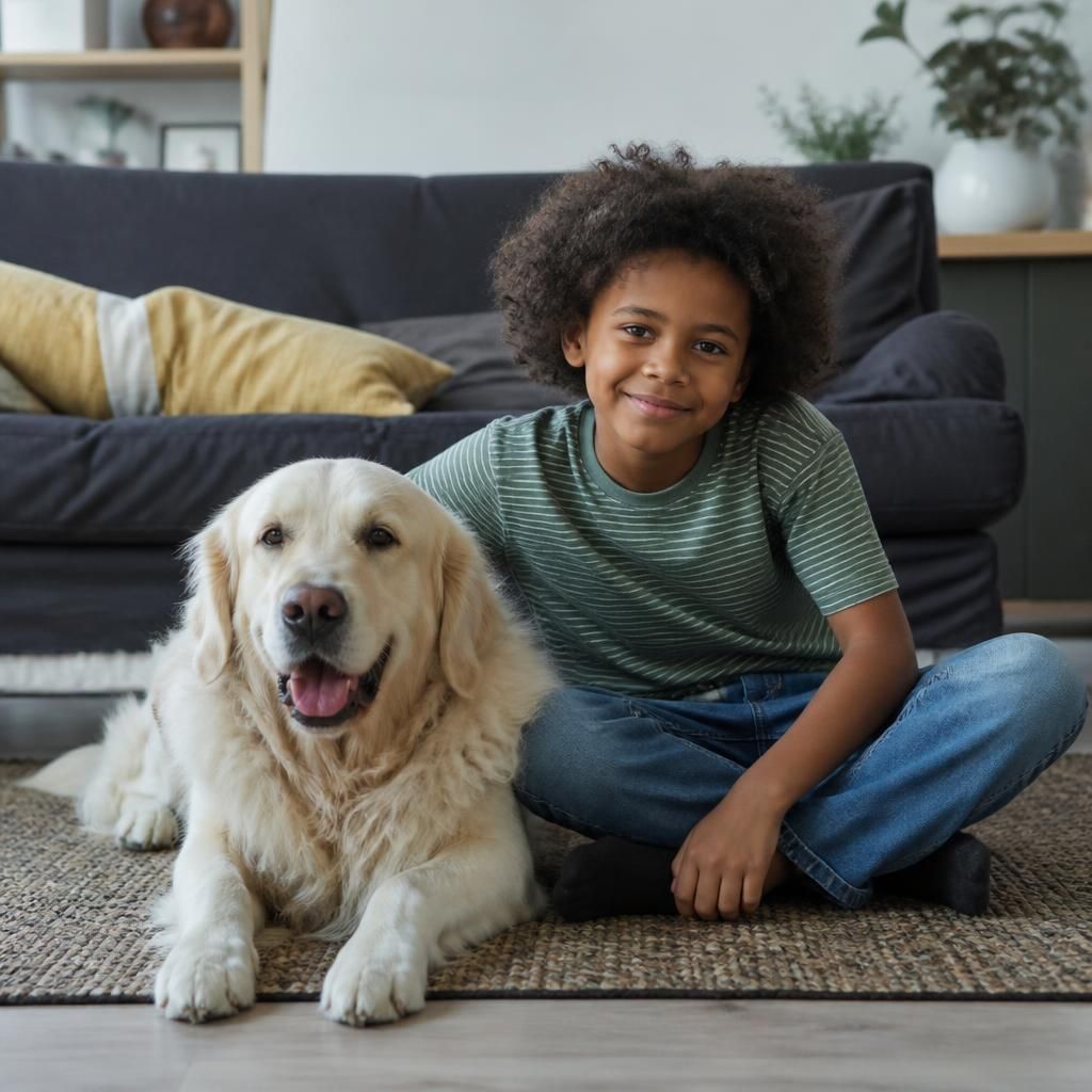 Child sitting beside a family dog in a living room