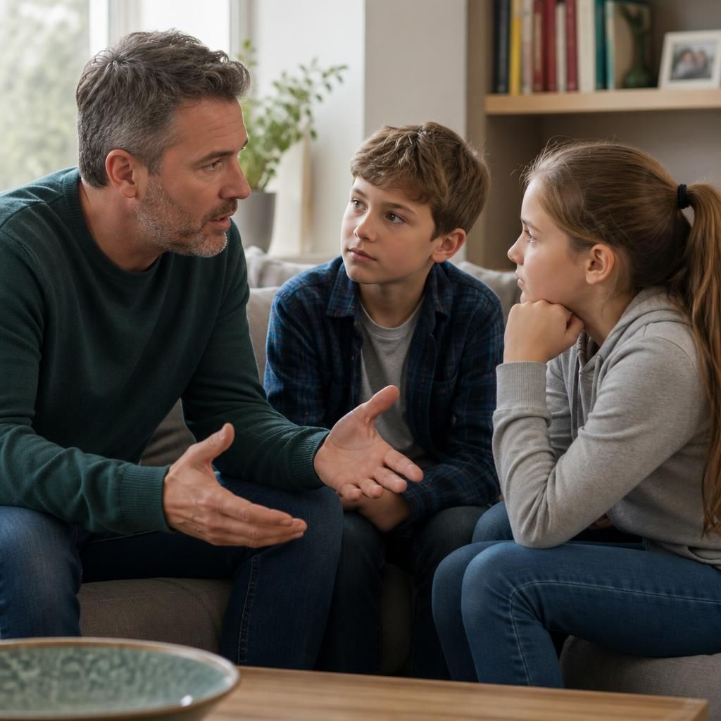 Parent talking with children at home about welcoming a foster child