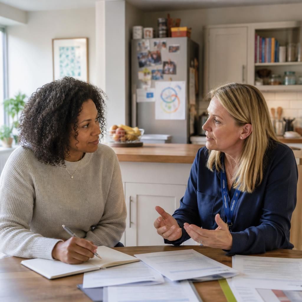 Foster carer discussing household arrangements with an assessing social worker