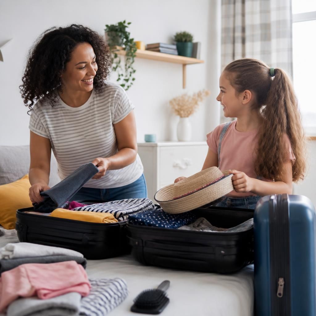 Foster carer and child packing bags for a holiday
