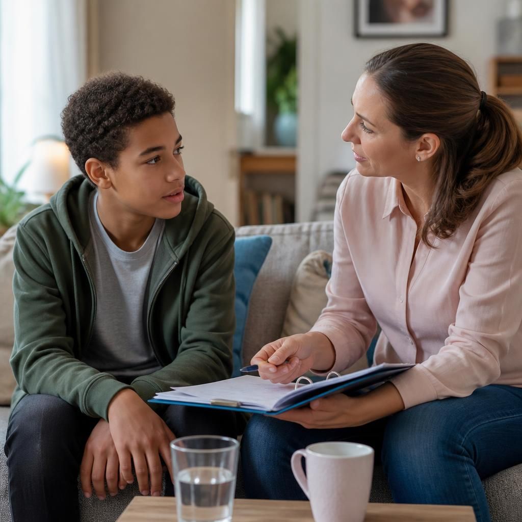 Child speaking with a foster carer while reviewing a care plan