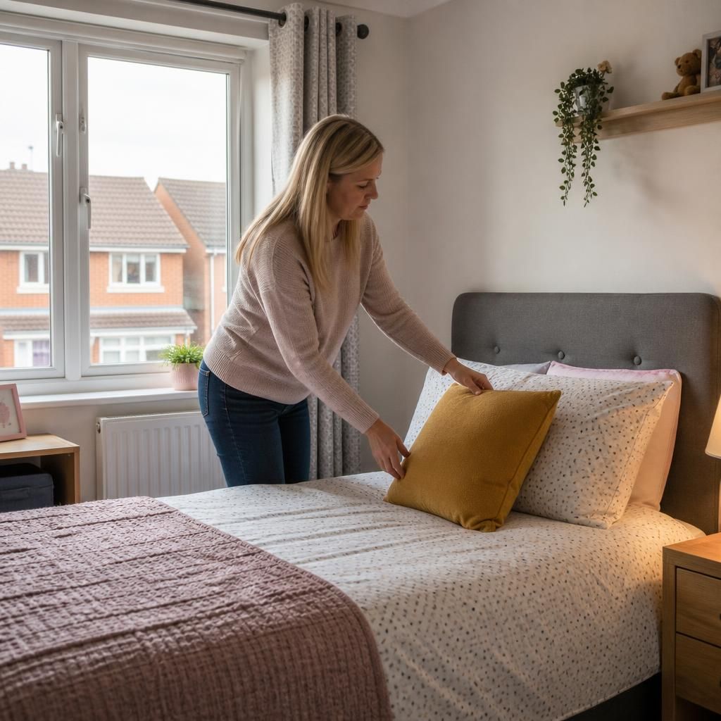 Foster carer preparing a guest bedroom for a short-term placement