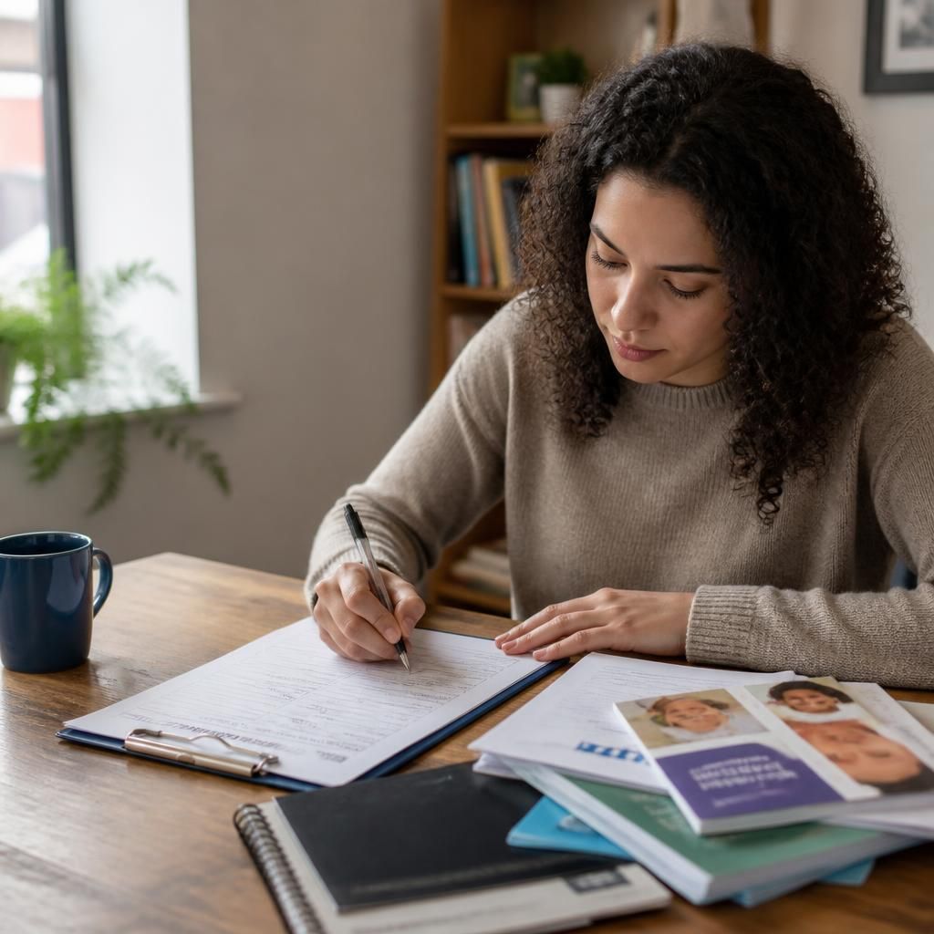 Person completing a fostering application form beside supporting documents