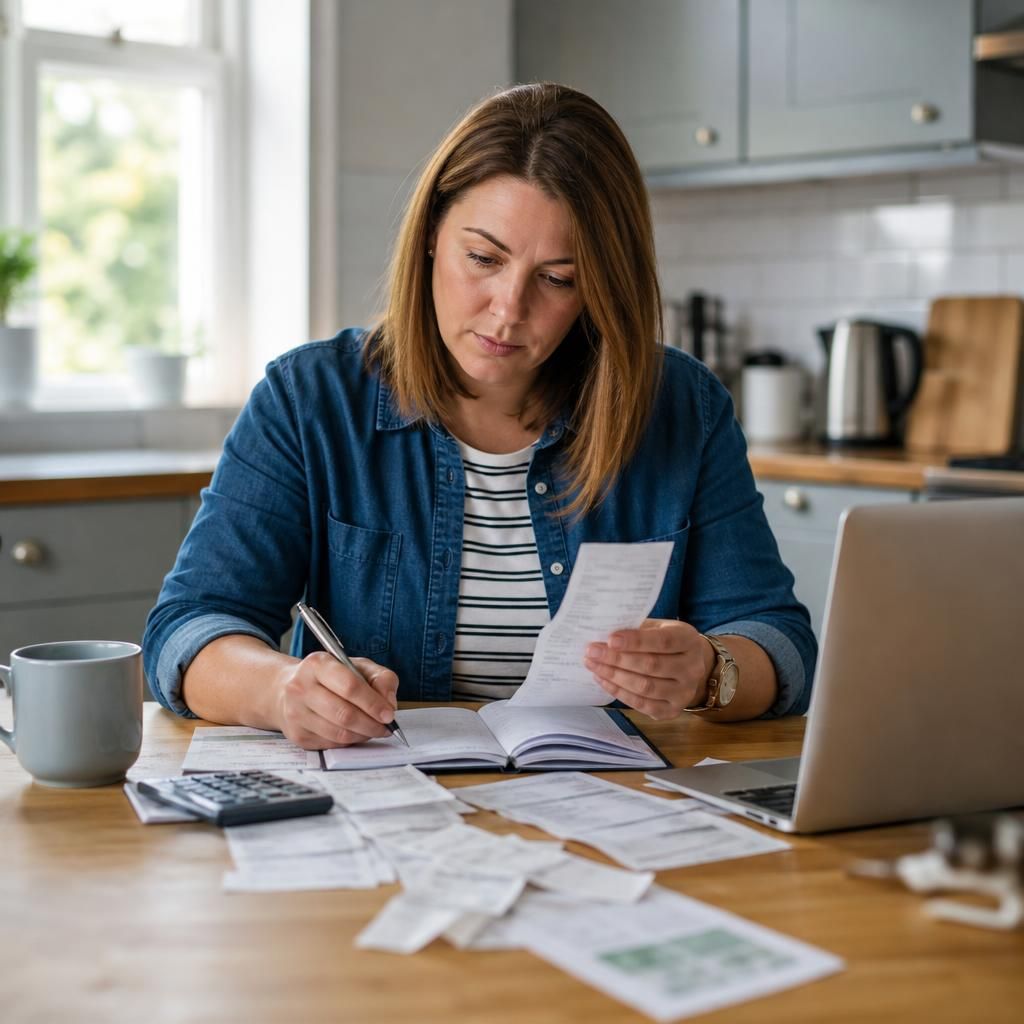 Foster carer reviewing receipts and a household budget at a kitchen table