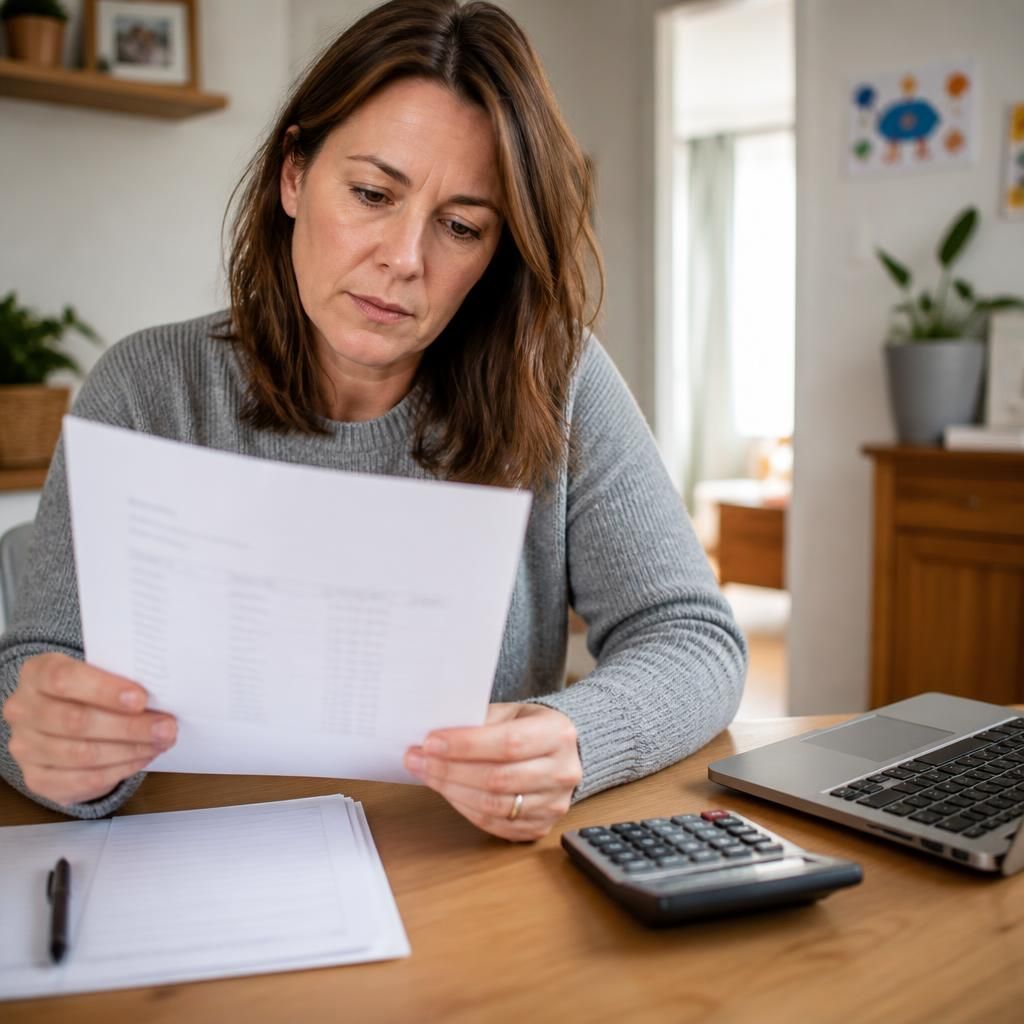 Foster carer reviewing a placement payment statement beside a calculator