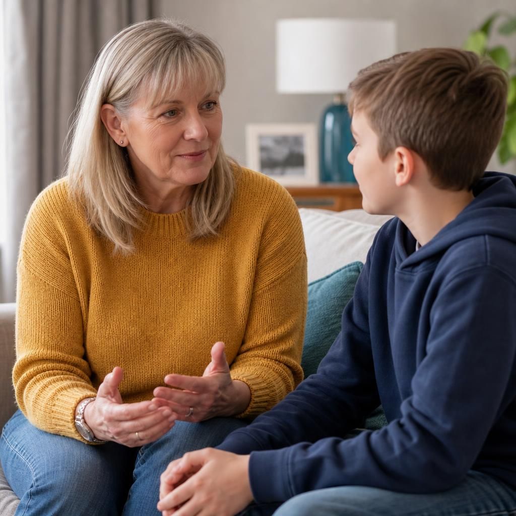 Kinship foster carer having a calm discussion with a child at home