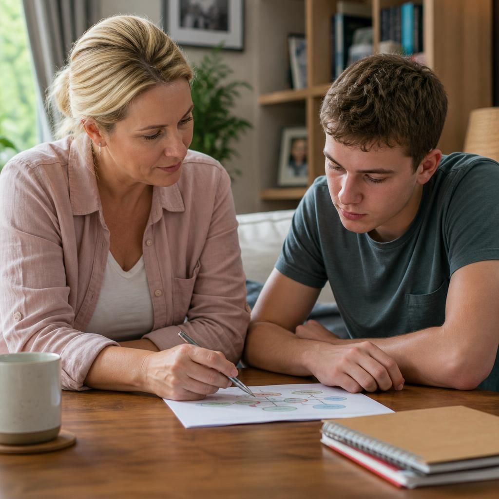 Foster carer and young person reviewing a pathway plan at a table