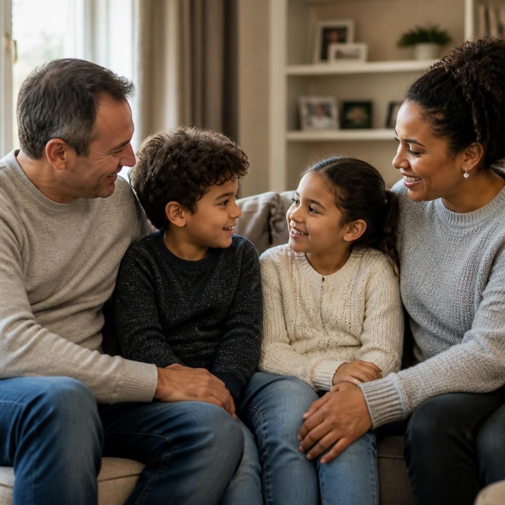 Foster carers sitting with two children in a family living room