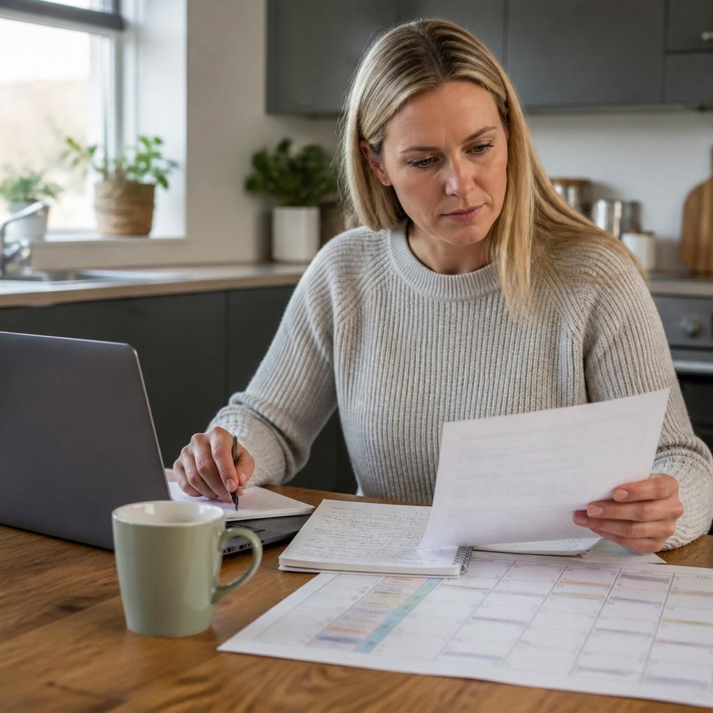 Foster carer reviewing a work calendar and placement notes at a kitchen table