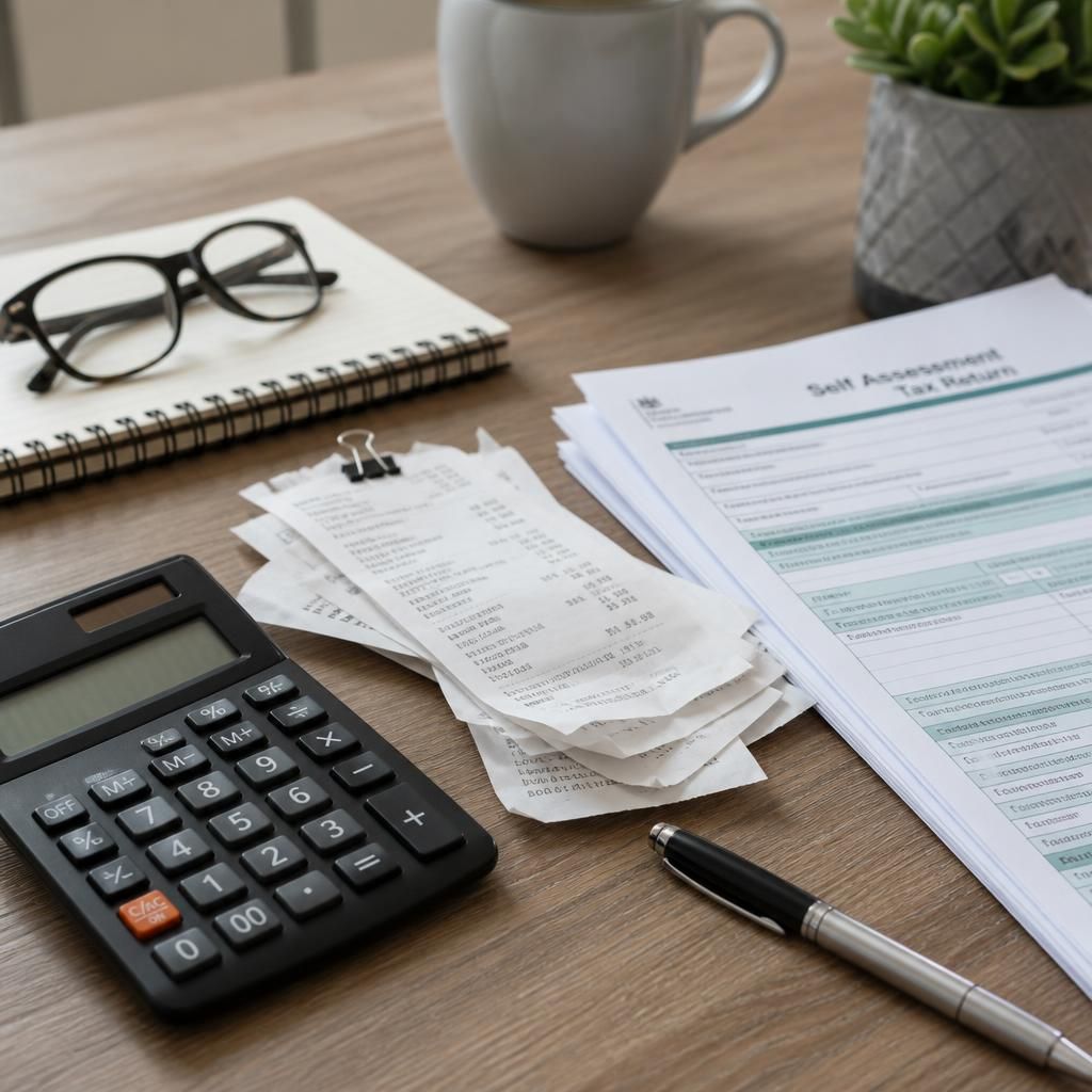 Calculator, receipts and tax documents on a desk