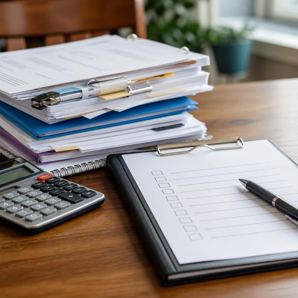 Foster carer application documents arranged beside a pen and checklist