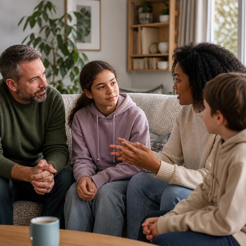 Children and adults talking together in a family living room