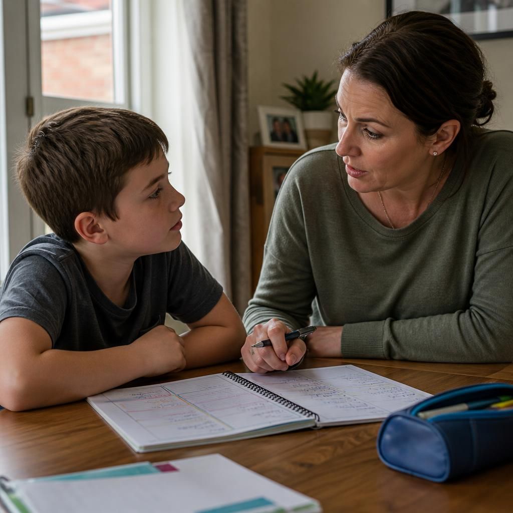 Foster carer and child discussing a daily routine at home