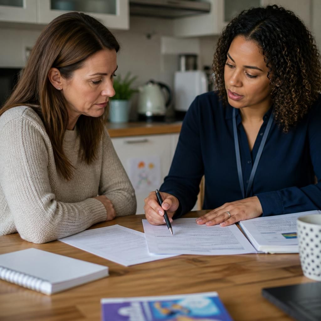 Foster carer and social worker reviewing paperwork at a table