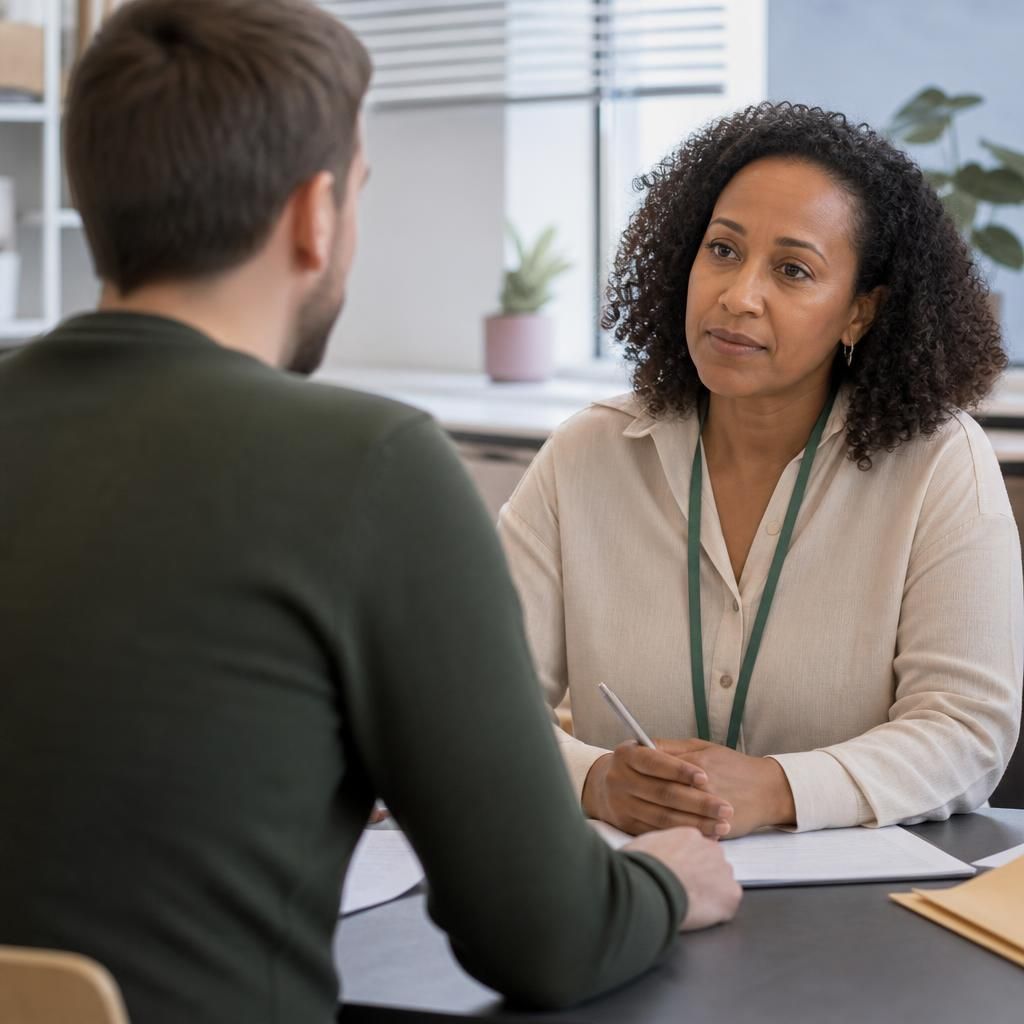 Applicant discussing social services records with a fostering assessor
