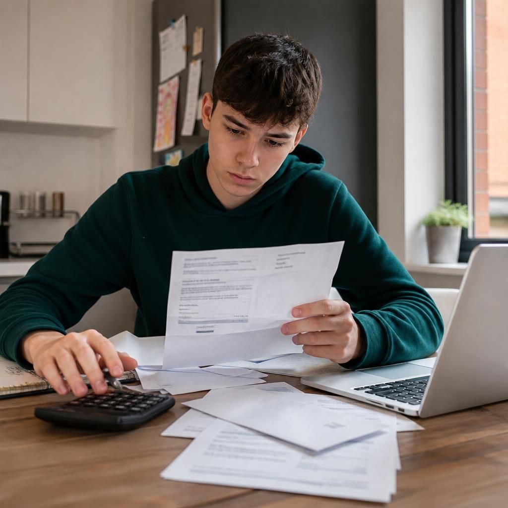 Young person reviewing household bills and paperwork at a table