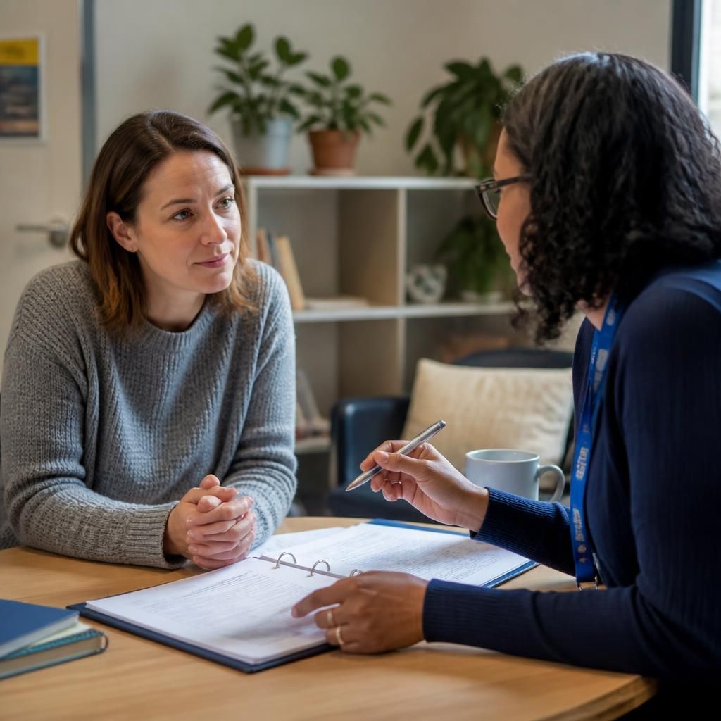 Foster carer discussing paperwork with a social worker at a table