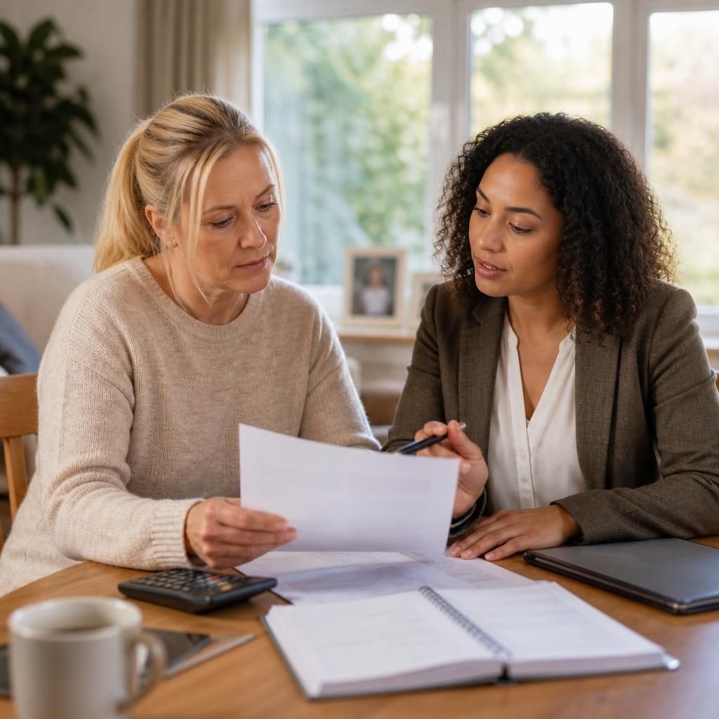 Connected person foster carer reviewing household paperwork with a social worker