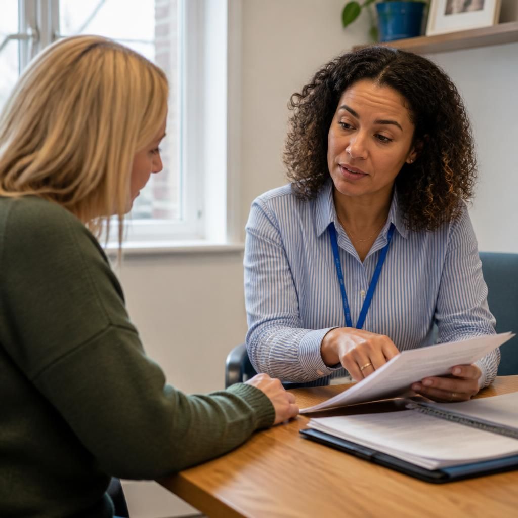 Foster carer discussing a child's placement information with a social worker