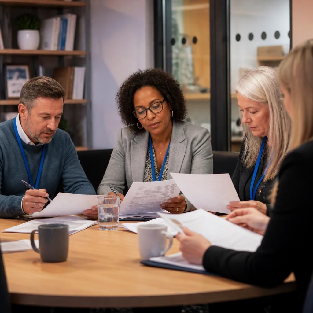 Fostering panel members reviewing assessment documents around a table