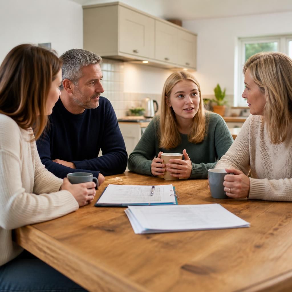 Family members discussing fostering around a kitchen table