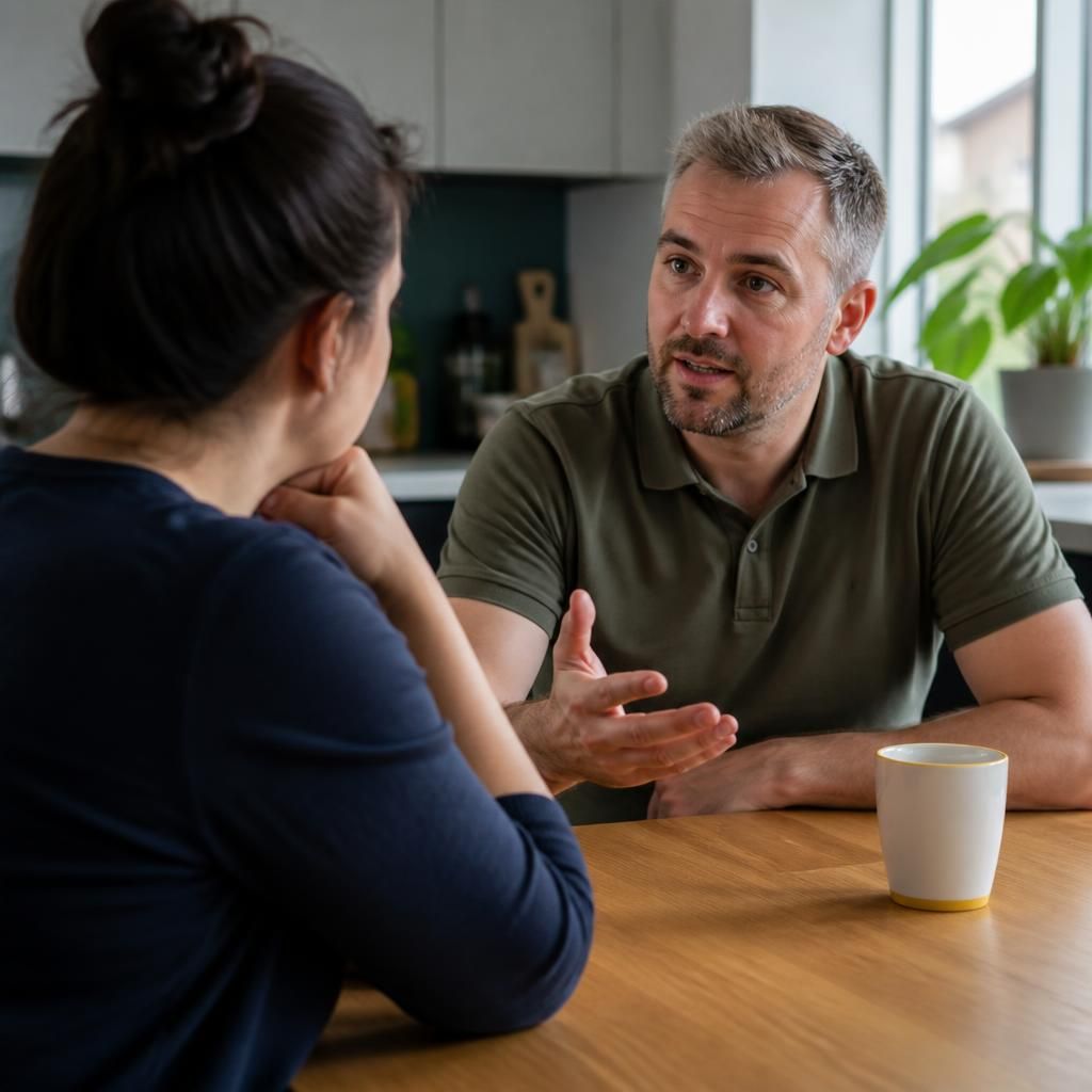 Two adults having a conversation at a kitchen table